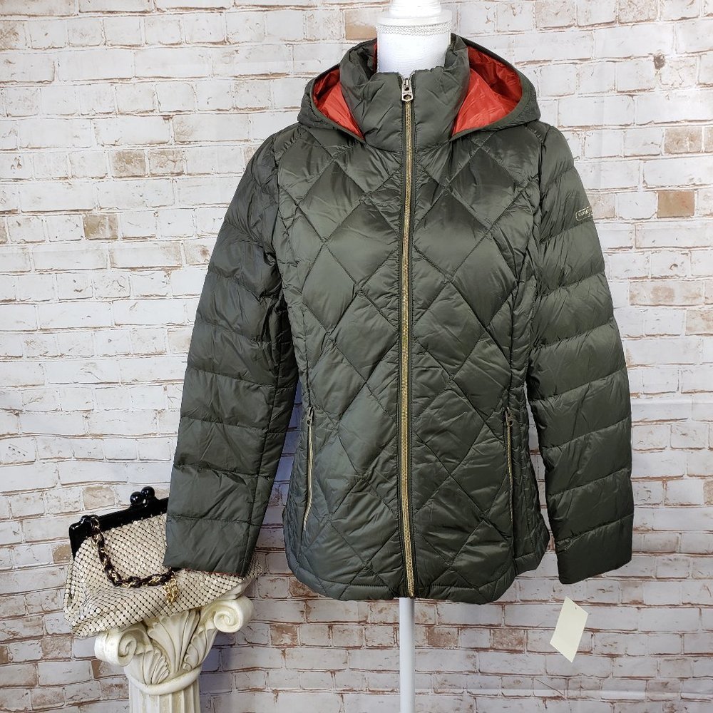 Lucky Brand Olive Green Quilted Puffer Jacket with Red Hood Lining